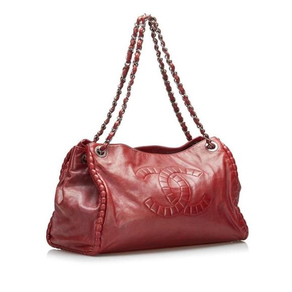 Chanel Coco Mark Chain Shoulder Bag Tote Bag Red Leather - Picture 2 of 8